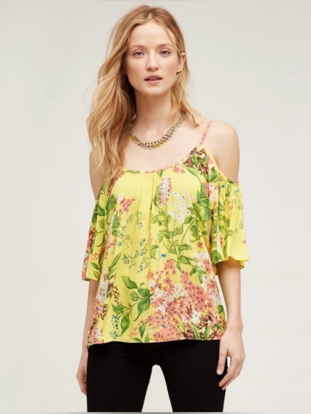 Anthropologie Open Shoulder Floral Blouse Top - Medium